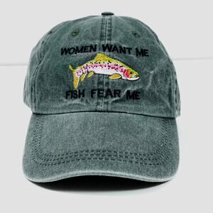 Women Want Me Fish Fear Me Hat Green Dad Cap Funny Meme Embroidered